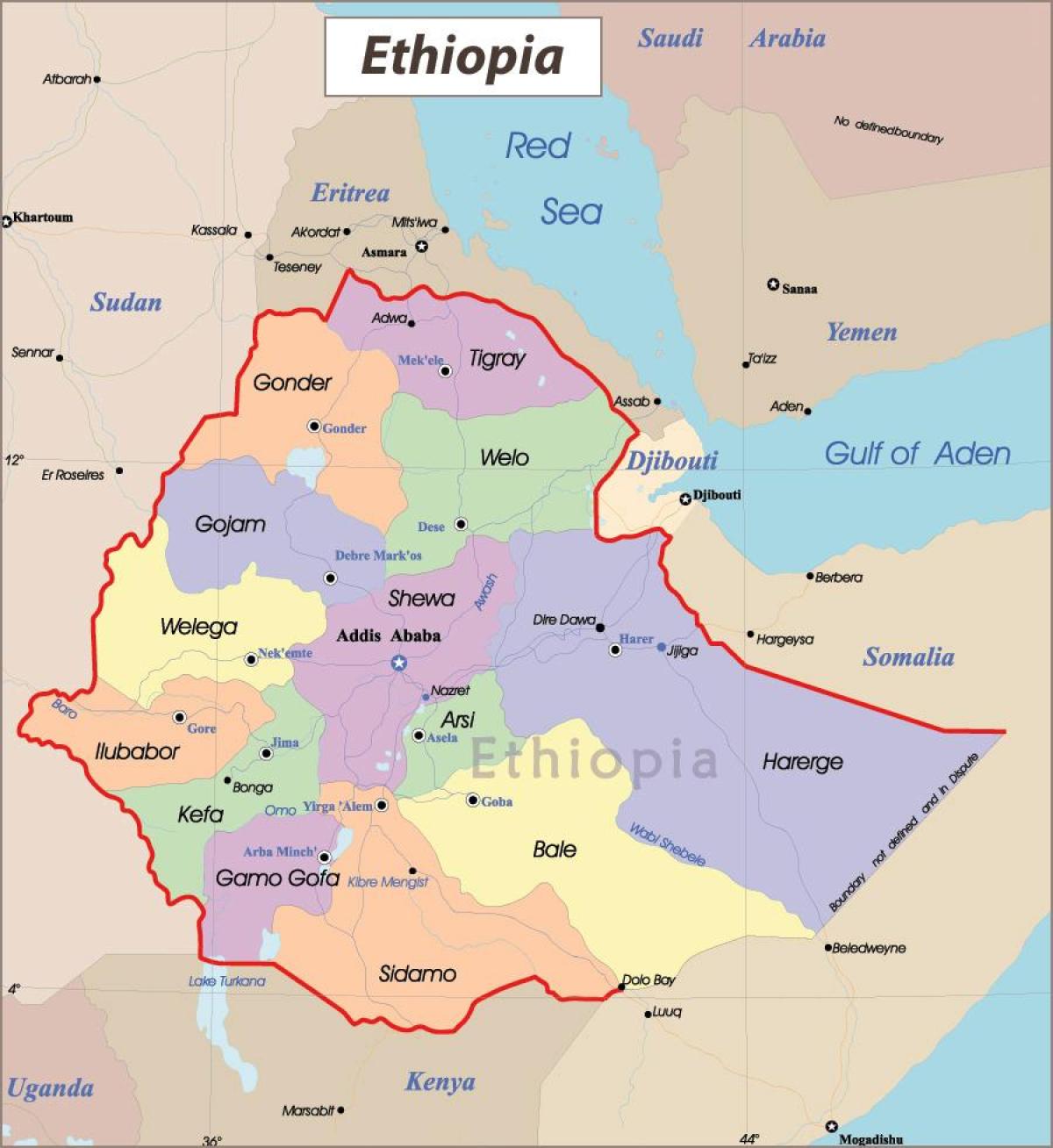 Ethiopia peta dengan kota